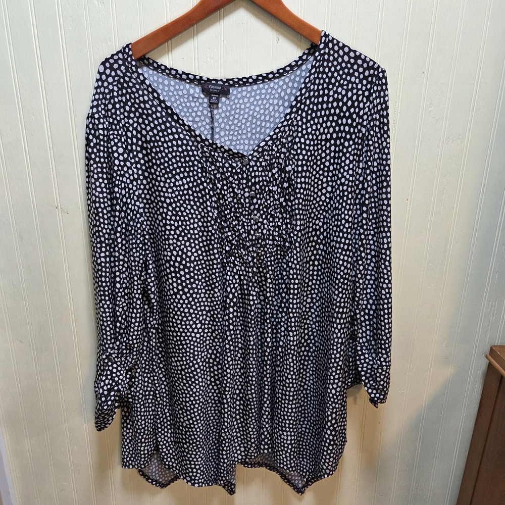Cocomo Woman Blouse Womens 3X Black Scoop Neck Long Sleeve Polka Dot Tunic Top